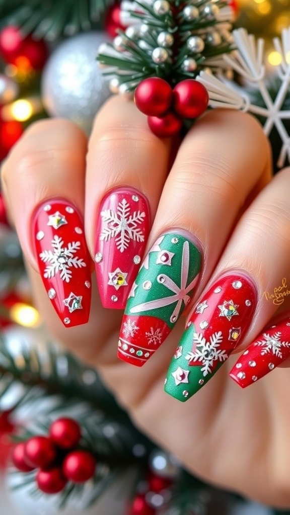 5D Christmas Nail Art Design Close-up of 5D Christmas nail art with red and green designs, snowflakes, and gems.